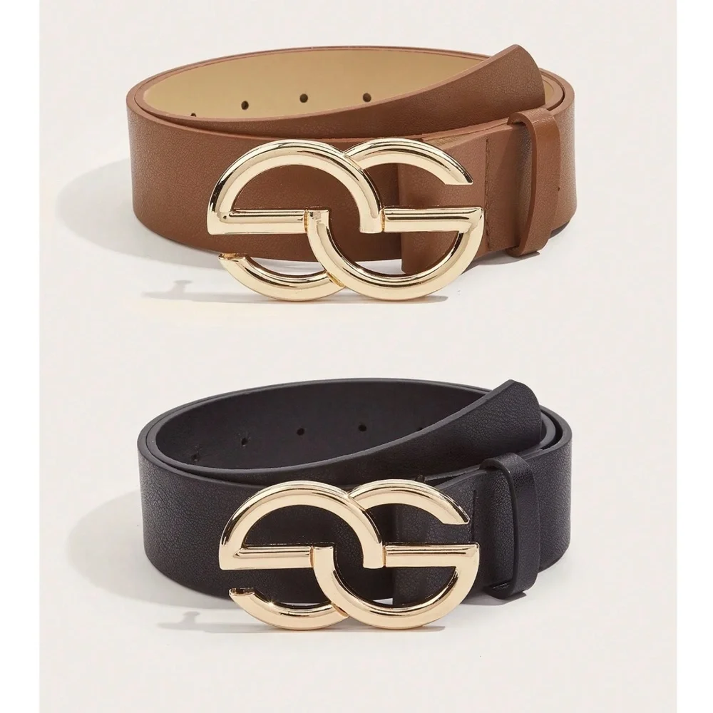 Classic Vegan Leather Gold Tone Buckle Belt Set